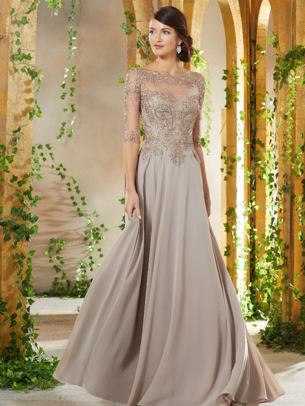 Taupe Mother of the Bride Gown Beaded Sleeve MGNY 71908